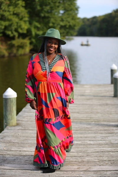 Florence Geometric Print Lantern Sleeve Maxi Dress